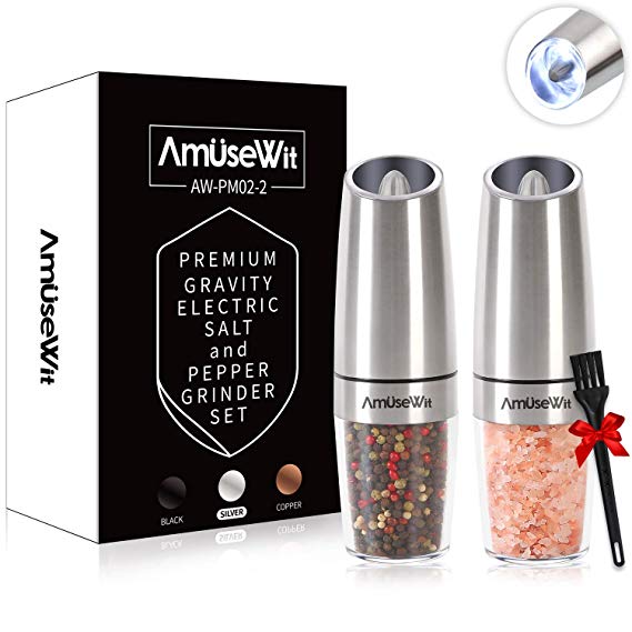 Gravity Electric Salt and Pepper Grinder Set of 2【2019 Newest】- Battery Operated Automatic Salt and Pepper Mills with White Light,One Handed Operation,Adjustable Coarseness,Stianless Steel by AmuseWit