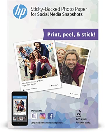 HP Photo Paper, Sticky Back Social Media Snapshots, (4x5 inch), 25 sheets