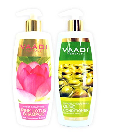 Lotus with Honeysuckle Extract Shampoo and Olive Conditioner - ★ Color Preserving Shampoo - ★ ALL Natural - ★ Paraben Free - ★ Sulfate Free - ★ Scalp Therapy - ★ Moisture Therapy - ★ Suitable for All Hair Types - Each Pack of 350ml - Each 11.8 Oz - Vaadi Herbals