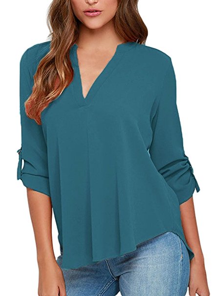 Dokotoo Womens Casual Chiffon Ladies V-Neck Cuffed Sleeve Blouse Tops (S-XXL)