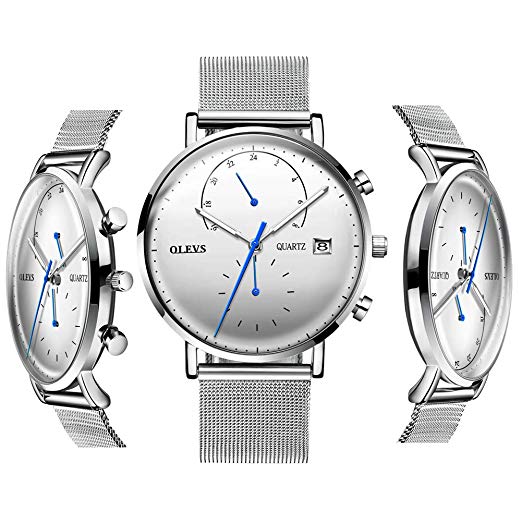OLVES Men's Fashion Waterproof Quartz Watch with Date Window Luminous Analog Display Wristwatches Man Business Watches with Classic Milanese Mesh Strap and Free Small Watch Tools