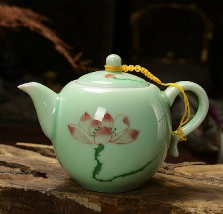 DELIFUR Longquan Celadon Handcrafted Tea Set Underglaze Colour Porcelain Hand Painted Lotus Theme Puer Tea Pot Single Pot (Round Red Lotus)