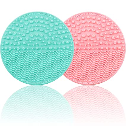 Makeup Brush Cleaning Pad, Brush Cleaning Mat, Silicone Makeup Cleaning Brush Scrubber Mat, Cosmetic Brush Cleaner with Suction Cup for Valentines Day (2 Pack-Green & Pink)