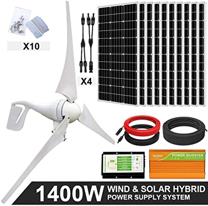 ECO-WORTHY 1400W Wind Solar Power Kit: 400W DC 24V Wind Turbine Generator 3 Blade with Controller & 10pcs 100W Mono Solar Panels & 3500W 24V-110V Off Grid Inverter for Home, Boat, RV