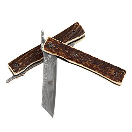 KATSU Handmade Damascus Steel Japanese Razor Pocket Folding Knife with Genuine Deer Antler Handle