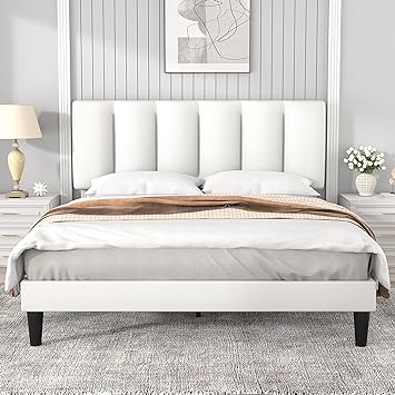 VECELO Queen Bed Frames, Upholstered Platform Bedframe, Adjustable Headboard, Wood Slat Support, No Box Spring Needed, Easy Assembly, White