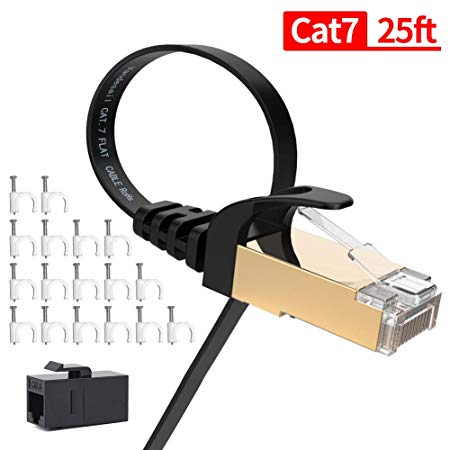 Cat7 Ethernet Cable 25 ft, VANDESAIL CAT 7 Internet Network Cable, Flat LAN Cables with RJ45 Connector for Router, Modem, Gaming, Xbox (25ft, Black)