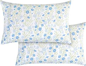 Elegant Comfort Ultra Soft Set of 2 Floral Print Pillowcases - 1500 Premium Hotel Quality Microfiber, Soft and Smooth Envelope Closure 2-Piece Pillow Covers - Standard/Queen, Blue Laurel