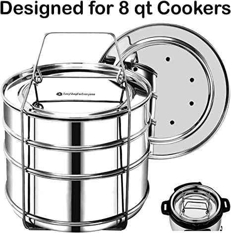EasyShopForEveryone Stackable Insert Pans, Instant Pot Accessories for 8 Qt Baking, Casseroles & Lasagna Pans, Food Steamer, Pressure Cooker Pot in Pot, Interchangeable Lids, Cook 3 Dishes at once
