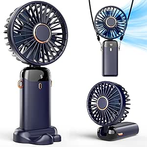 Koonie Portable Handheld Fan, Battery Operated Fan with Base, 8 Hours, Digital Display, 5 Speeds, 90° Ajustable, Rechargeable Mini Fan for Outdoor Indoor (Dark blue)