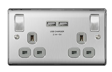 BG Electrical Masterplug Brushed Steel Double Switched Socket with USB Outlets NBS22UG