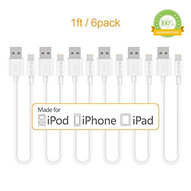 Kinps Apple MFi Certified Lightning to USB Cable 1ft/0.3m iPhone Charger Cord Super Long for iPhone 7 / 7 Plus / 6S / 6S Plus / 6 / 6 Plus / SE / 5S / 5, iPad Pro / Air / Mini (White, 6 Pack)