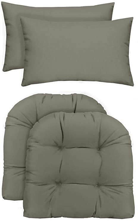 RSH Décor Indoor/Outdoor - 2 U-Shape Wicker Chair Cushions & Bonus Lumbar/Throw Pillows (2 (19" x 19") Cushions & 2 (20" x 12") Pillows, Solid Dove Grey Gray Fabric)