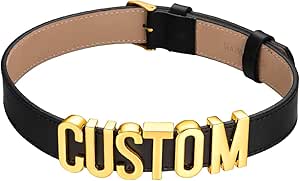 U7 Black Leather Choker Collar Custom with Platinum/18K Gold Plated Initial Names, Personalized Punk Jewelry for Cosplay, Adjustable Length 13-17 Inch