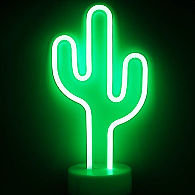 LED Cactus Neon Light Signs - XIYUNTE Room Decor Neon Cactus Lights with Pedestal Night Lights Battery Operated Light up Sign Bedside and Table Lamps Neon Signs for Home Decoration