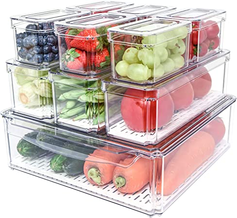 Pomeat 10 Pack Fridge Organizer, Stackable Refrigerator Organizer Bins with Lids, BPA-Free Produce Fruit Storage Containers for Fridge Organizers and Storage Clear for Food, Drinks, Vegetable Storage