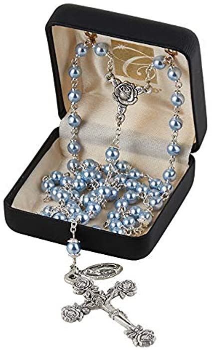 CB Catholic Silver Swarovski Pearls Light Blue Beads Rosary Necklace with Rose Detailed 2" L Crucifix Pendant (Italian Made)