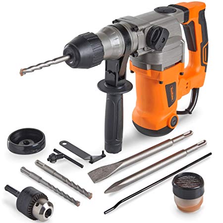 VonHaus 10 Amp Electric Rotary Hammer Drill with Vibration Control, 3 Drill Functions, Variable Speed and Adjustable Handle - Includes SDS Drill Bits Demolition Kit, Flat and Point Chisels with Case