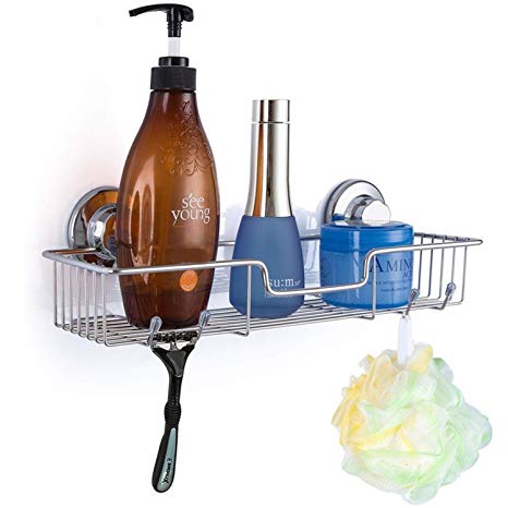 iPEGTOP L04 Bathroom Shower Caddy Bath Shelf Combo Organizer Storage with Hooks, No Damage Suction Cup Basket for Kitchen & Bathroom Accessories - Rustproof Stainless Steel, Wide