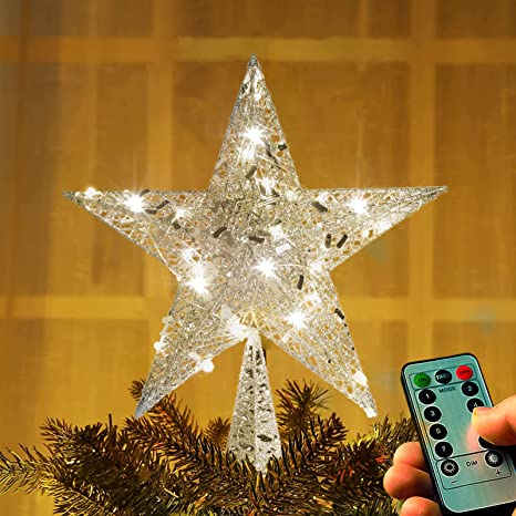 NIGHT-GRING 12.2 inch Christmas Tree Topper LED Star Treetop Decoration Christmas Decorations (Silver)