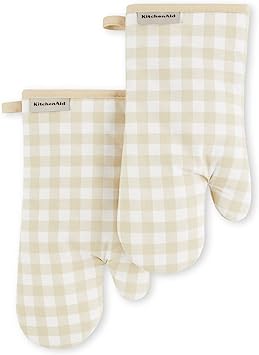 KitchenAid Gingham Oven Mitt 2-Pack Set, Milkshake, 7"x13"