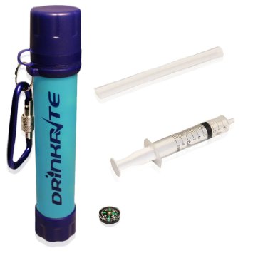 Drinkrite Personal Water Filter Straw Purifier with Locking Carabiner and Compass for Camping Backpacking and Prepper Survival Gear Removes 999 of Bacteria