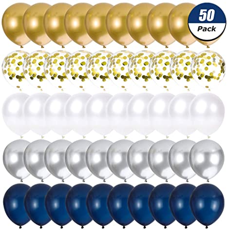 Yorgewd 50 PCS Party Balloons - Gold Confetti Balloons Silver & Gold Metallic Balloons Navy Blue & Pearl White Latex Balloons for Birthday Baby Shower Party Decoration