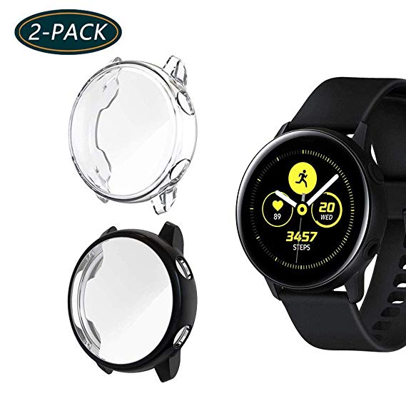 (2-Pack) KPYJA for Samsung Galaxy Watch Active Screen Protector, All-Around TPU Anti-Scratch Flexible Case Soft Protective Bumper Cover for Galaxy Watch Active 40mm Smartwatch(Black/Clear)