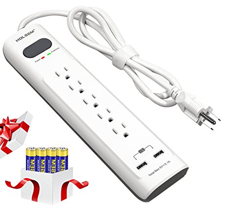 HOLSEM 5 Outlets Surge Protector Power Strip with 2 USB Charging Ports (5V/2.1A) and 4' Heavy Duty Extension Cord, White