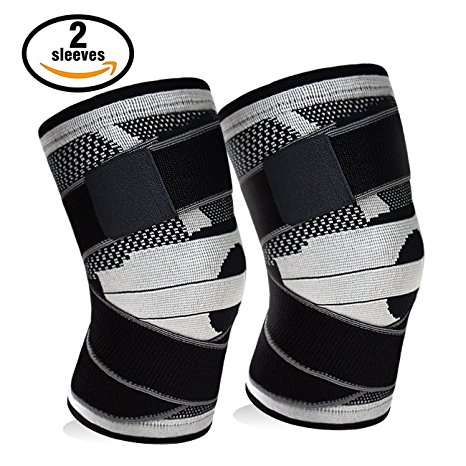 Knee Brace (1 pair) Compression Knee Sleeve,Non-slip Adjustable Knee Sleeves Wraps with Pressure Strap and Knee Protector for Sports,Running, Joint Patella Pain Relief,Arthritis and Injury Recovery