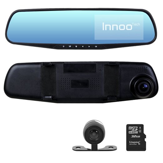 Innoo Tech Car Camera | Upgraded Car Video Recorder Full HD 1080P | Car Video Camera 4.3" Inch LCD with Dual Lens for Vehicles Front & Rearview Mirror | DVR Vehicles Dash Cam with 32GB Micro SD Card