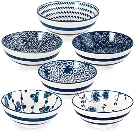 Foraineam 6 Pieces Blue and White Floral Rice Bowl Set 8 oz Japanese Style Cereal Bowls, Assorted Designs