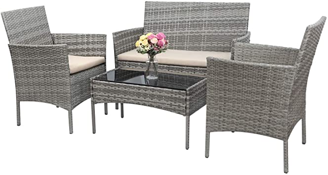 Greesum GS-4RCS4BG 4 Pieces Patio Outdoor Rattan Furniture Set, Gray and Beige