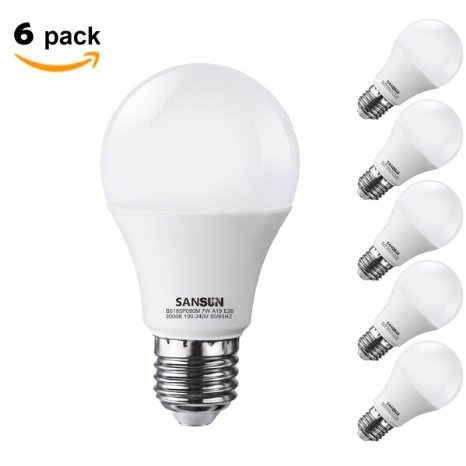 SANSUN 7W A19 LED Bulbs [60W Equivalent], 3000K (Soft White Glow), CRI80 , 650 Lumens, E26 Medium Screw Base, 270° Omnidirectional, UL-Listed - (Pack of 6)