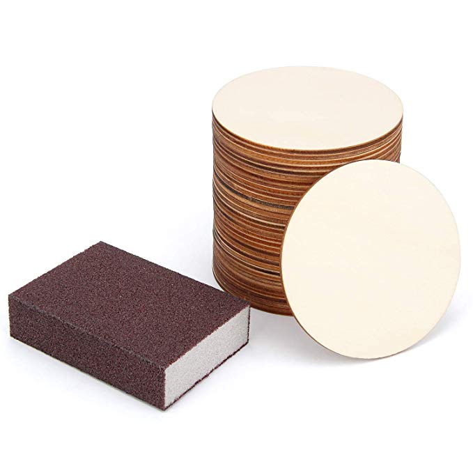 36 Pieces 4 Inch Unfinished Wood Circles with Sanding Sponge, Round Wood Slices, Wood Drink Coasters, Blank Wood Signs for Painting, Writing, DIY Supplies, Engraving and Carving, Home Decorations