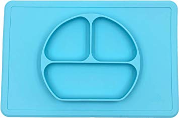Silikong Suction Placemat and Plate for Toddlers | BPA Free | Microwave, Dishwasher and Oven Safe | One-Piece Stay Put Divided Feeding Dishes for Babies, Kids and Infants (Blue XL)