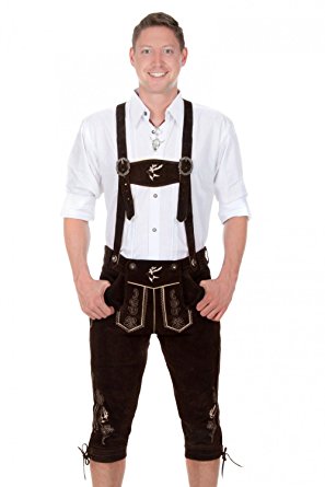 Bavarian traditional leather trousers Lederhosen with suspenders darkbrown with deer embroidery