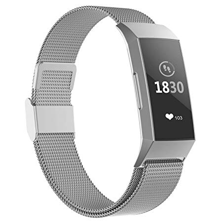 iGK Compatible for Fitbit Charge 3 Bands,Replacement Wristbands for Charge 3 SE Fitness Activity Tracker, Metal Stainless Steel Bracelet Strap with Unique Magnet Lock for Women Men