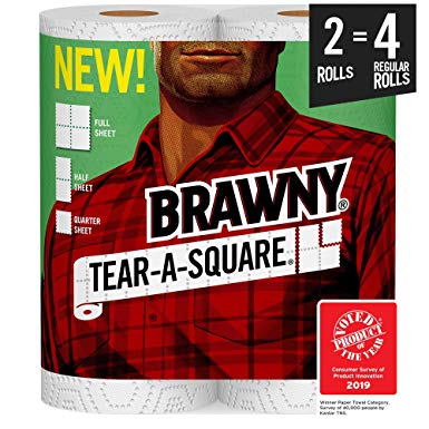 Brawny Tear-A-Square Paper Towels, 2 Rolls, 2 = 4 Regular Rolls, 3 Sheet Size Options