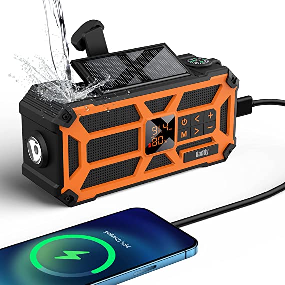 Raddy SW5 Radio Dynamo Batterie 5000mAh Étanche IPX5 Recharge Solaire Manivelle, Radio FM/AM pour Les Urgences avec Lampe, Boussole, Fonctions SOS Alarme pour Le Camping et la Randonnée