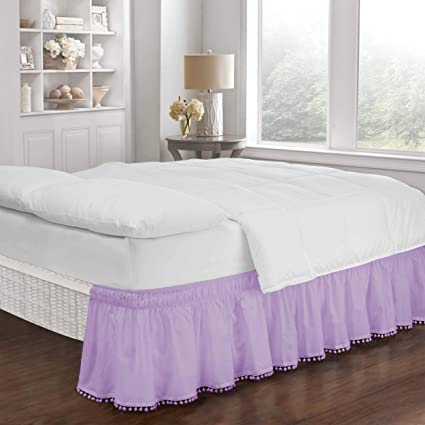 Easy Fit Pom Fringe Wrap Around Easy On/Off Dust Ruffle 18-Inch Drop Bedskirt, Twin/Full, Purple