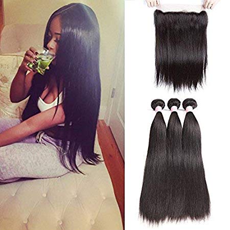 Brazilian Straight Hair Bundles with Frontal 13x4 Ear To Ear Lace Frontal with Straight Hair 3 Bundles Natural Color (14 16 18 with 12 Frontal)