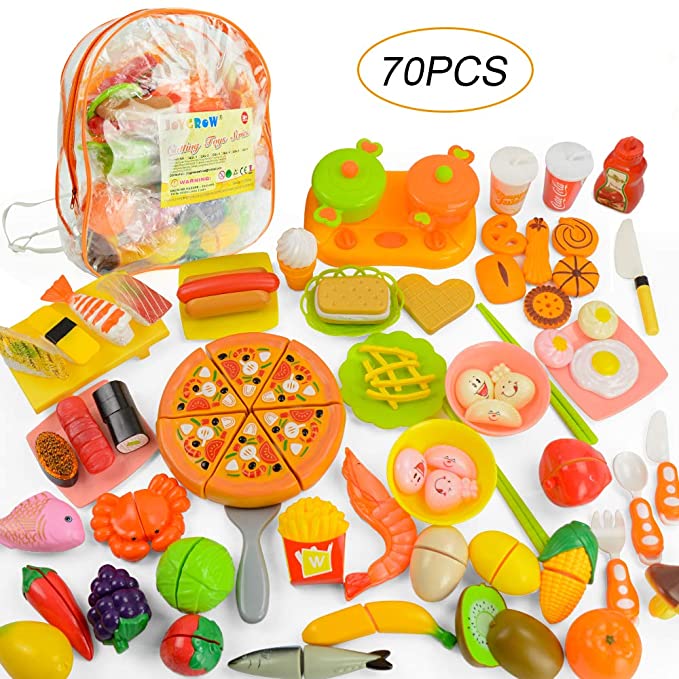 JoyGrow 70 PCS Pretend Play Cutting Toys Fruits Vegetable Fast Food Sushi Slicing Play Food Educational Toys Food Set with Backpack Storage (Orange)
