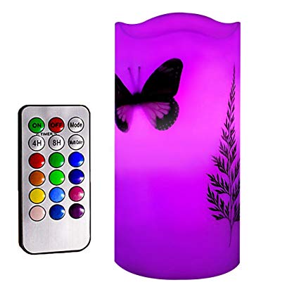 Flameless LED Candles with 18-key Remote Timer 5'' Tealight Butterfly & Plants Decor Real Wax Electric Candle Lights 12 Color Changing for Kitchen/Home/Indoor/Outdoor Party Anniversary Father's Day