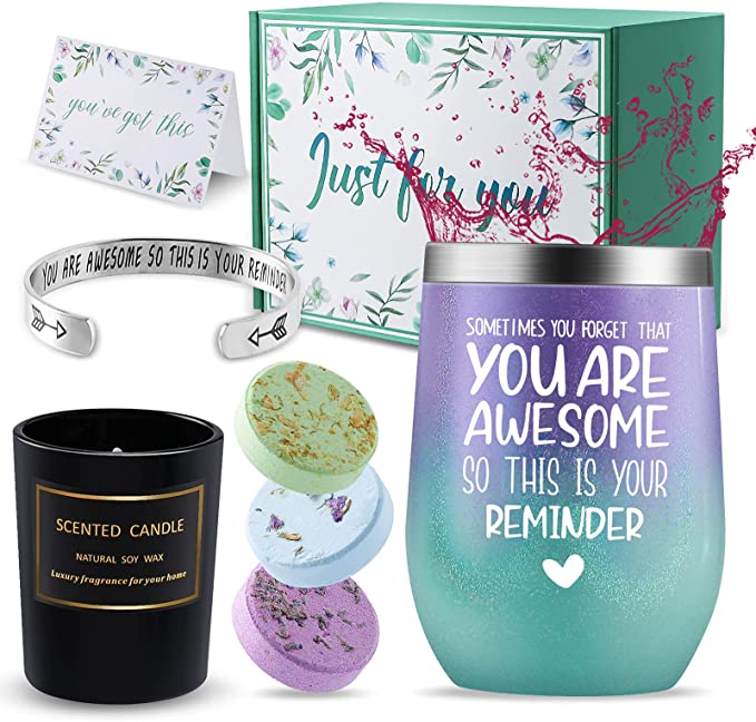Birthday Gifts for Women, Thank You Gifts Get Well Soon Gifts You Are Awesome Wine Tumbler Gift Set With Inspirational Bangle Bracelet -Christmas Gift Basket for Mom, Wife, Sisters, Friends
