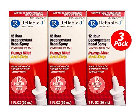 RELIABLE 1 LABORATORIES 12 Hour Decongestant Nasal Spray (1 fl oz, 3 Pack) Oxymetazoline HCI Non Drip - Rapid & Powerful Congestion Relief