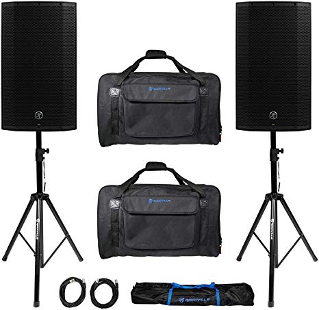 (2) Mackie Thump12A THUMP-12A 12" 2600w Powered DJ PA Speakers Carry Bags Stands