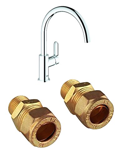 GROHE BauEdge Kitchen Tap with 15 mm x 3/8 inch UK Compression Fittings/Adapter for Kitchen and Bathroom Mixer Taps (2-Piece) Bundle