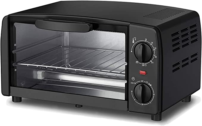 Dominion, 4-Slice Countertop Toaster Oven, Includes Bake Pan, Broil Rack, & Built-In Crumb Tray, Black, Adjustable Temperature Control, Heat Resistant Glass, Power Indicator Light, Easy to Clean, Ring Bell & Auto Shut-off