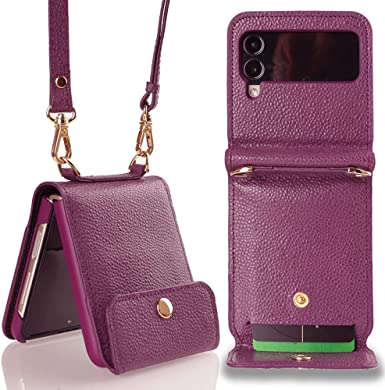 Samsung Galaxy Z Flip 3 Case, Galaxy Z Flip 3 5G, Genuine Leather Wallet Samsung Z Flip 2 Card Case, 3 Credit Card Case Secret Pocket Phone Case Cover for Samsung Galaxy Z Flip 3 - Purple